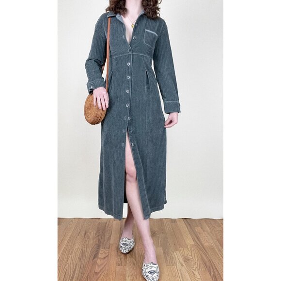 Vintage 90s Corduroy Midi Dress Long Duster Cardigan Jacket Coat Shacket 1990s - Picture 2 of 8
